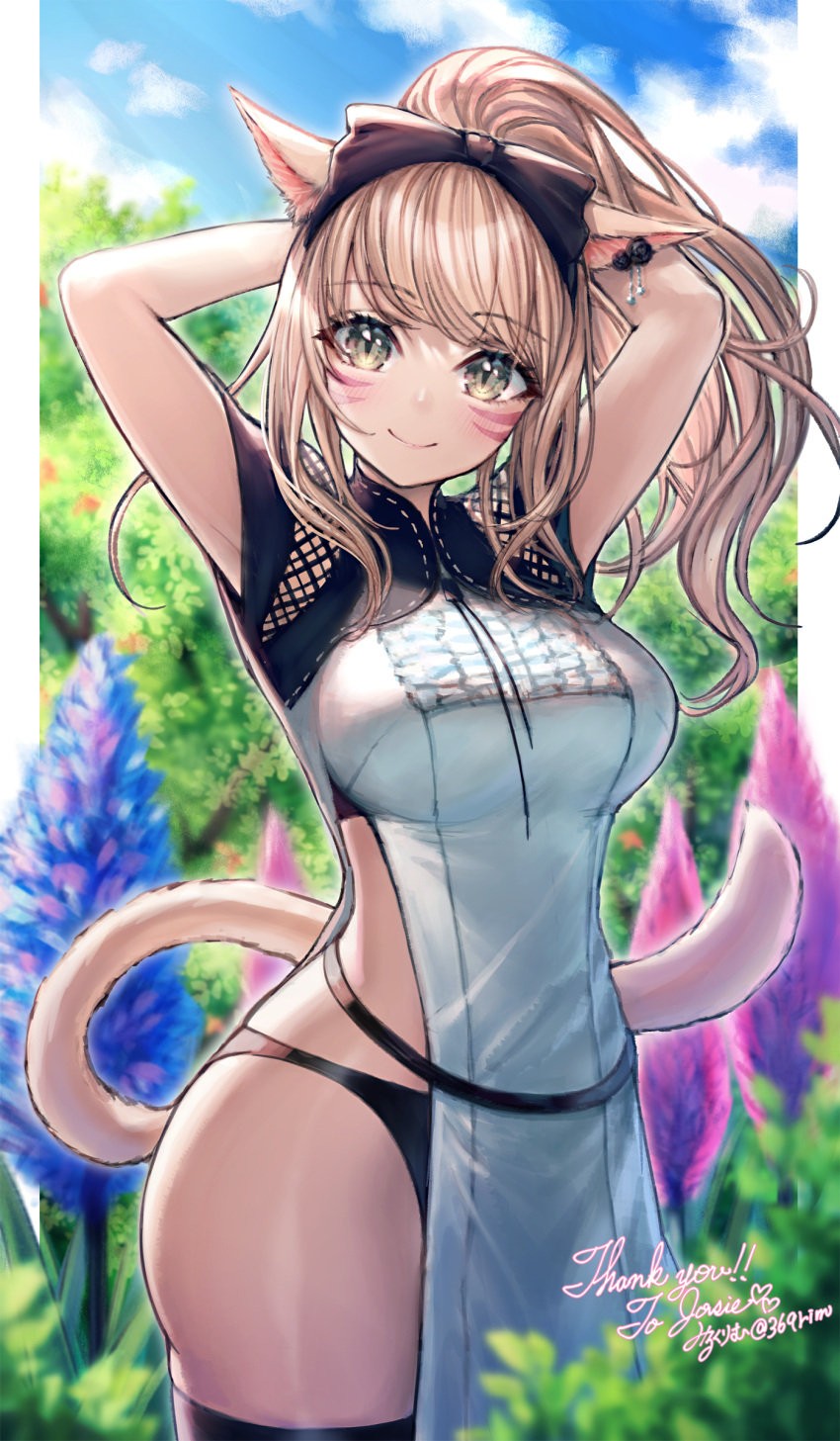 1girl absurdres animal_ears arm_up armpits bangs black_bow black_legwear blonde_hair blurry bow breasts cat_ears cat_girl cat_tail closed_mouth depth_of_field dress eyebrows_visible_through_hair facial_mark final_fantasy final_fantasy_xiv green_eyes hair_bow hair_ornament highres large_breasts long_hair miqo'te mirukurim outdoors ponytail slit_pupils smile solo tail thigh-highs