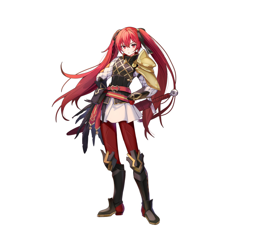 1girl absurdres armor boots fire_emblem fire_emblem_fates fire_emblem_heroes gambeson gloves hair_ribbon highres long_hair looking_at_viewer official_art open_mouth red_eyes redhead ribbon selena_(fire_emblem_fates) selena_(resplendent)_(fire_emblem_fates) solo sword twintails very_long_hair weapon white_background