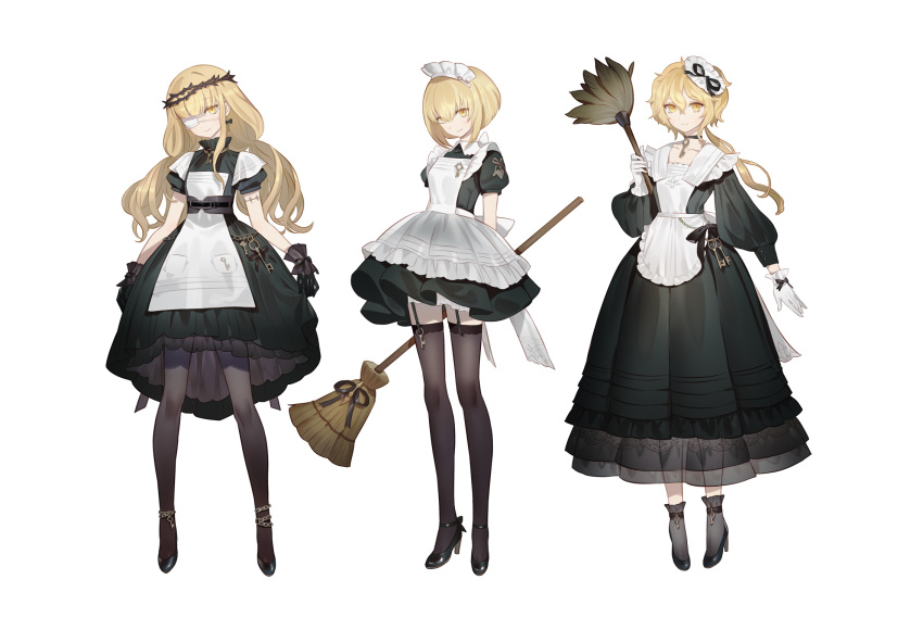 bangs black_gloves black_legwear blonde_hair choker closed_mouth clothes_lift eyebrows_visible_through_hair eyepatch gloves gwayo hair_between_eyes high_heels highres holding key lifted_by_self long_hair long_sleeves looking_at_viewer low_ponytail low_twintails maid maid_headdress multiple_girls one_eye_covered original shirt_lift short_hair short_sleeves shorts smile standing thigh-highs twintails white_gloves yellow_eyes zettai_ryouiki