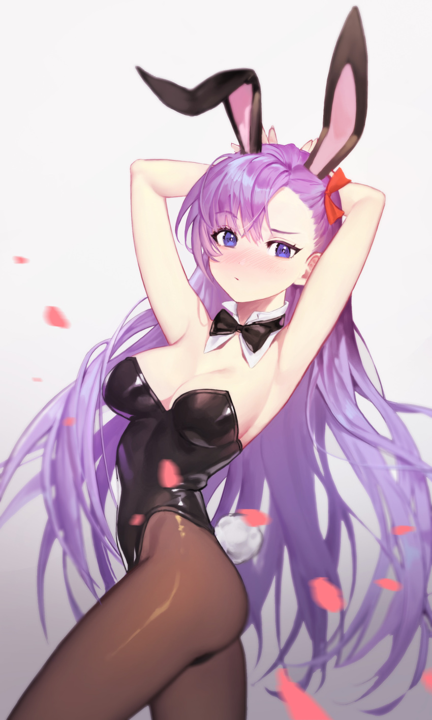 1girl absurdres animal_ears arm_behind_head arms_up black_legwear blush breasts bunny_tail extra_ears fake_animal_ears fake_tail fate/grand_order fate_(series) hair_ribbon highres long_hair looking_at_viewer meltryllis_(fate) petals playboy_bunny purple_hair rabbit_ears ribbon simple_background solo sugarhigh tail thigh-highs violet_eyes white_background