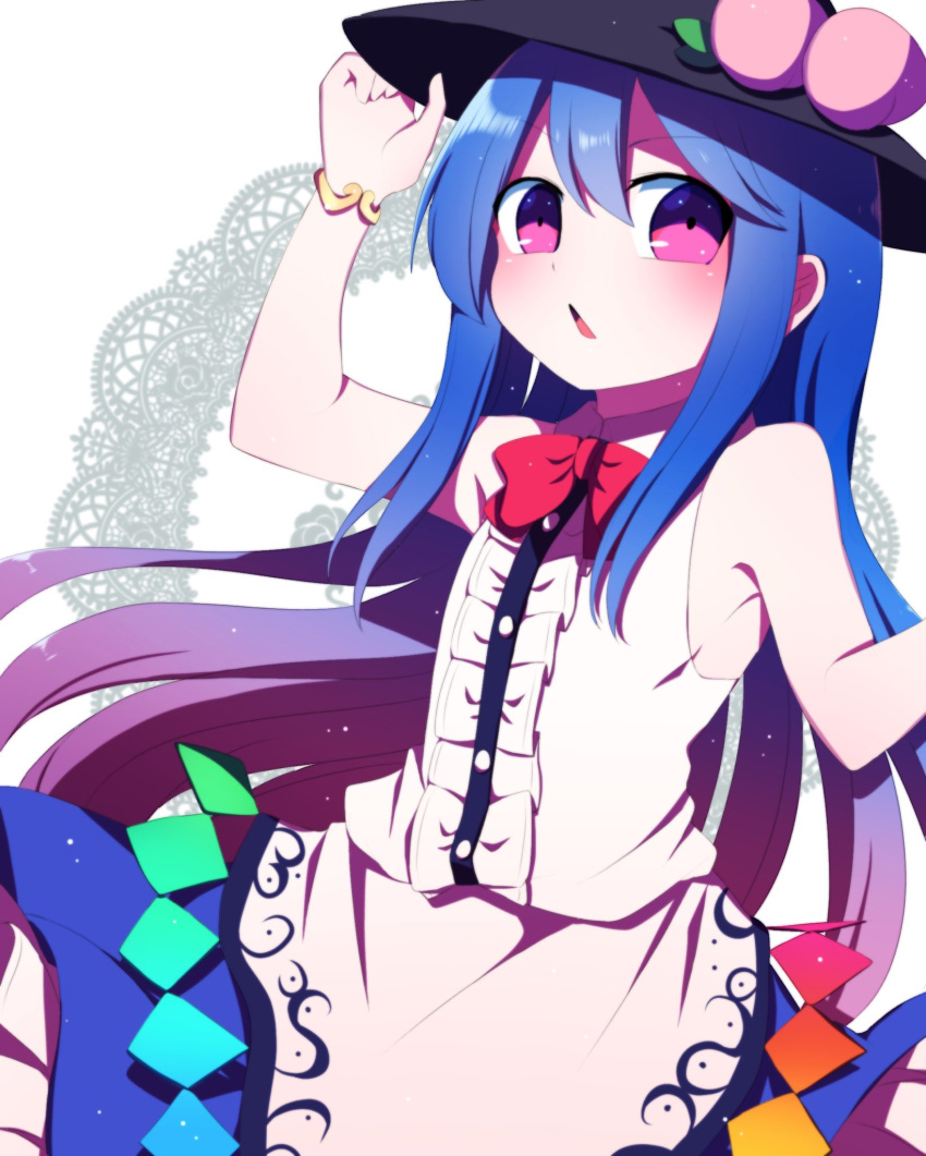 1girl bangs black_headwear blue_hair blue_skirt bow bowtie bracelet center_frills cowboy_shot eyebrows_visible_through_hair food frilled_skirt frills fruit hand_on_headwear hat highres hinanawi_tenshi jewelry leaf long_hair looking_at_viewer open_mouth peach pink_eyes rainbow_order red_bow red_neckwear skirt sleeveless solo standing touhou white_background you_(noanoamoemoe)