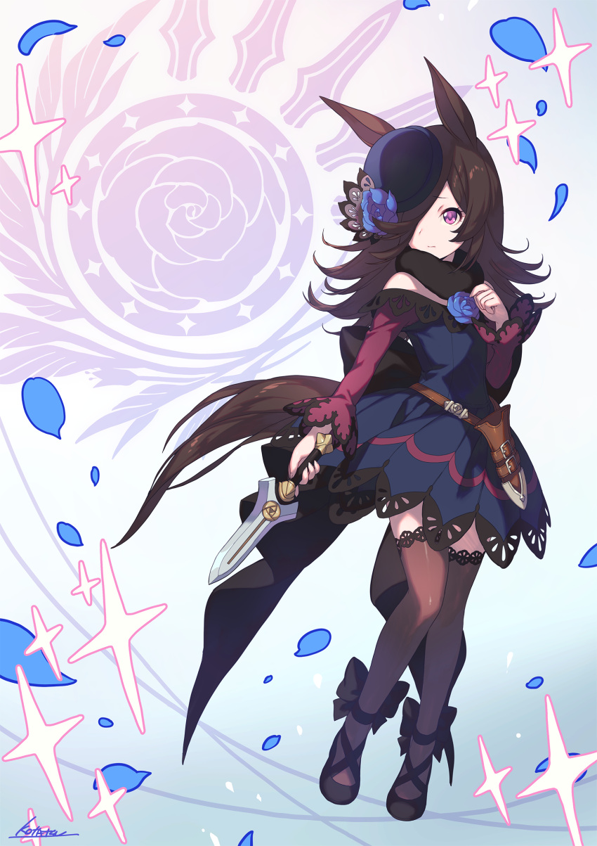 1girl animal_ears black_footwear brown_hair brown_legwear closed_mouth dress full_body hair_over_one_eye hand_up highres holding holding_sword holding_weapon horse_ears horse_tail kotatsu_(g-rough) long_hair long_sleeves off-shoulder_dress off_shoulder one_eye_covered pink_eyes rice_shower_(umamusume) scabbard sheath shoes short_sword signature solo sword tail thigh-highs umamusume weapon