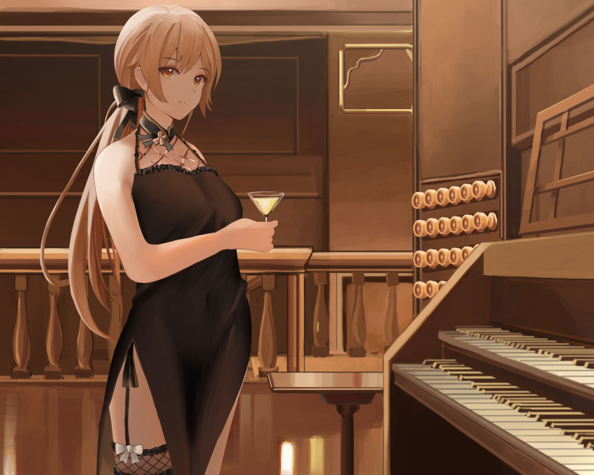 1girl absurdres black_dress black_ribbon blonde_hair breasts closed_mouth cup dress drinking_glass eyebrows_visible_through_hair feet_out_of_frame girls_frontline hair_ribbon highres holding holding_cup long_hair looking_at_viewer nighttsound ots-14_(girls_frontline) ribbon solo standing wine_glass yellow_eyes