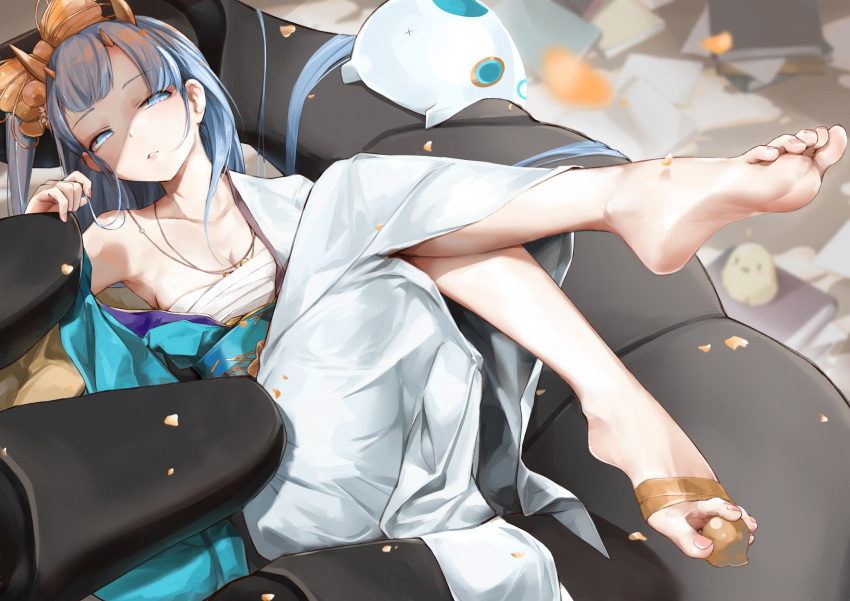 1girl azur_lane bangs barefoot blue_eyes blue_hair breasts champagne_(azur_lane) champagne_(lapis_lazuli's_first_dream)_(azur_lane) chinese_commentary commentary_request eyebrows_visible_through_hair feet full_body hair_ornament hand_up highres holding holding_hair horns japanese_clothes jewelry kimono legs_up long_hair looking_at_viewer lying manjuu_(azur_lane) necklace obi off_shoulder official_alternate_costume on_back oshin0_(zheng) parted_lips sarashi sash single_bare_shoulder soles solo toes white_kimono