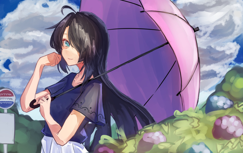 1girl ahoge alternate_hairstyle black_hair blouse blue_blouse blue_eyes blue_sky clouds commentary_request day highres kako_(kancolle) kantai_collection long_hair looking_at_viewer official_alternate_costume outdoors panda_(heart_sink) pink_umbrella sign skirt sky solo umbrella white_skirt