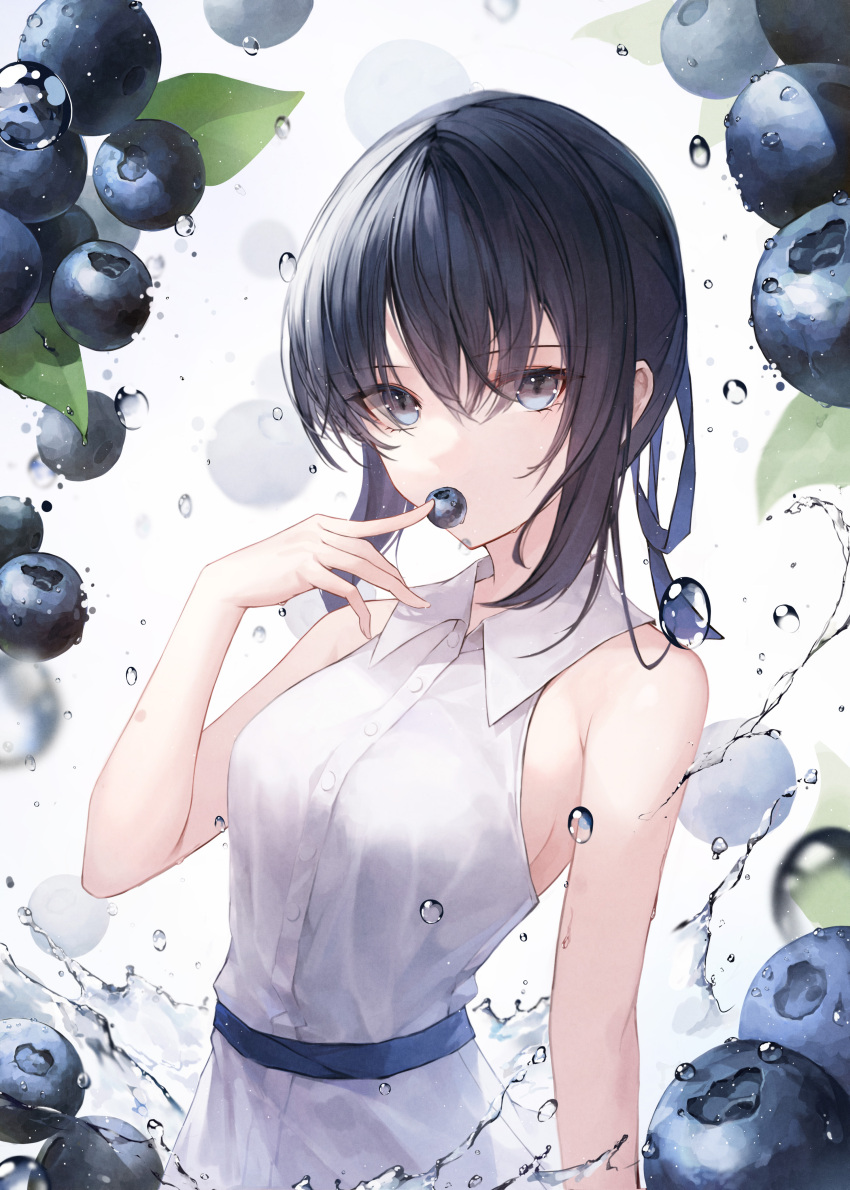 1girl absurdres armpit_crease bare_arms bare_shoulders belt black_hair blue_eyes blueberry breasts collared_dress crystalherb dress expressionless food fruit highres long_hair looking_at_viewer original sidelocks sleeveless sleeveless_dress small_breasts solo upper_body water white_dress