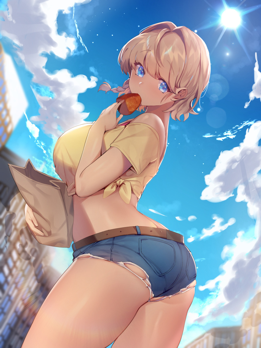 1girl bag bangs bare_shoulders belt blonde_hair blue_eyes blue_shorts blue_sky braid breasts brown_belt city clouds commentary cowboy_shot crop_top day eating eyebrows_visible_through_hair food food_in_mouth highres holding holding_bag holding_food large_breasts looking_at_viewer mendou_kusai original outdoors shirt short_hair short_shorts short_sleeves shorts side-tie_shirt sky solo standing tied_shirt yellow_shirt