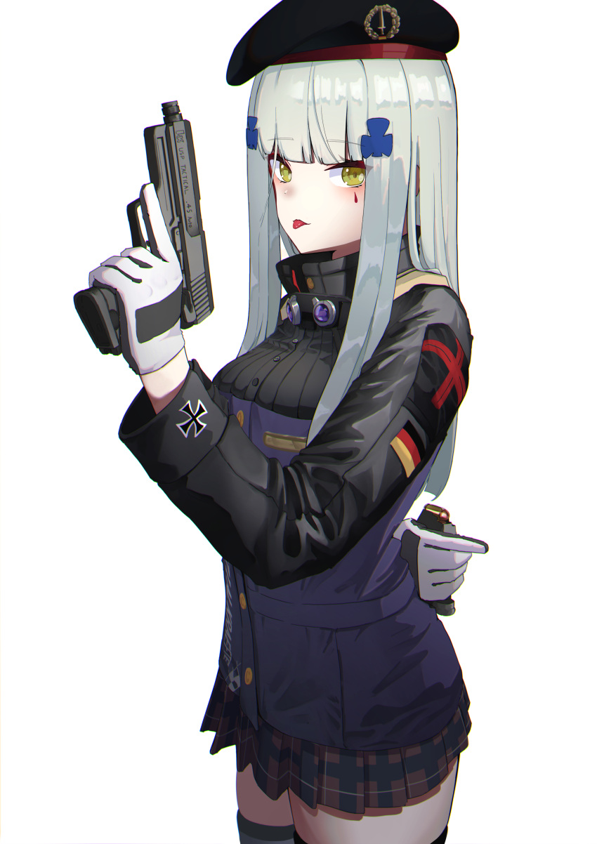 1girl absurdres bangs beret blue_hair blush checkered checkered_skirt eyebrows_visible_through_hair feet_out_of_frame girls_frontline gloves green_eyes gun hanabusaraleigh hand_on_back hat highres hk416_(girls_frontline) holding holding_gun holding_weapon long_hair looking_at_viewer skirt solo standing thigh-highs tongue tongue_out uniform weapon white_background white_gloves