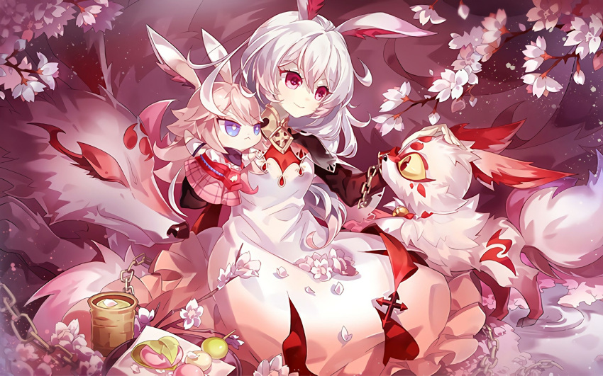 1girl animal_ears artist_request benghuai_xueyuan cherry_blossoms closed_mouth dango food fox fox_ears highres higokumaru holding honkai_(series) honkai_impact_3rd long_sleeves nun official_art petals petals_on_liquid petting pink_eyes pink_hair puppet side_ponytail smile tea theresa_apocalypse theresa_apocalypse_(sakura_rondo) wagashi yae_sakura yae_sakura_(gyakushinn_miko)