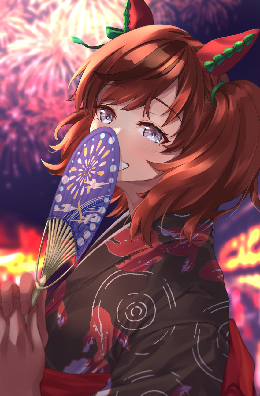 1girl absurdres animal_ears animal_print brown_hair fan fireworks fish_print goldfish_print grey_eyes grin highres horse_ears japanese_clothes kimono nice_nature_(umamusume) night obi sash smile twintails umamusume yu_sa1126 yukata