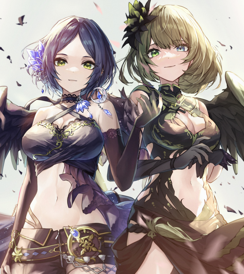 2girls absurdres bangs bare_shoulders black_choker black_gloves blonde_hair blue_eyes blue_hair breasts choker closed_mouth cowboy_shot crescent crescent_earrings earrings elbow_gloves eyebrows_visible_through_hair gloves green_eyes hair_ornament hayami_kanade heterochromia highres huge_filesize idolmaster idolmaster_cinderella_girls idolmaster_cinderella_girls_starlight_stage jewelry large_breasts looking_at_viewer medium_hair midriff mole mole_under_eye multiple_girls navel parted_bangs shino_sto sleeveless smile takagaki_kaede wings