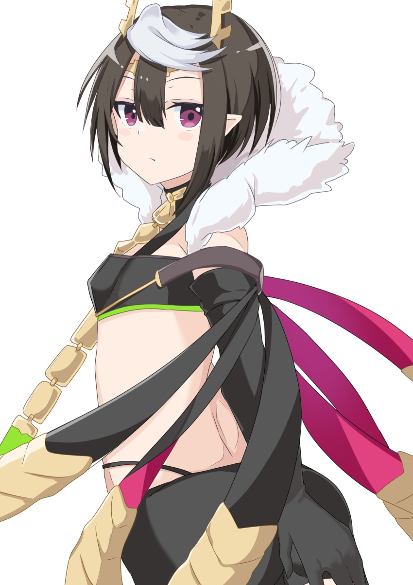 1girl :/ ariel_(kumo_desu_ga_nani_ka?) black_gloves black_hair black_tubetop blush_stickers breasts closed_mouth dot_nose elbow_gloves fang fang_out from_side gloves highres kumo_desu_ga_nani_ka? long_hair looking_at_viewer multicolored_hair pointy_ears shiny shiny_hair sidelocks simple_background small_breasts solo streaked_hair tsukikaze_aki violet_eyes white_background white_hair