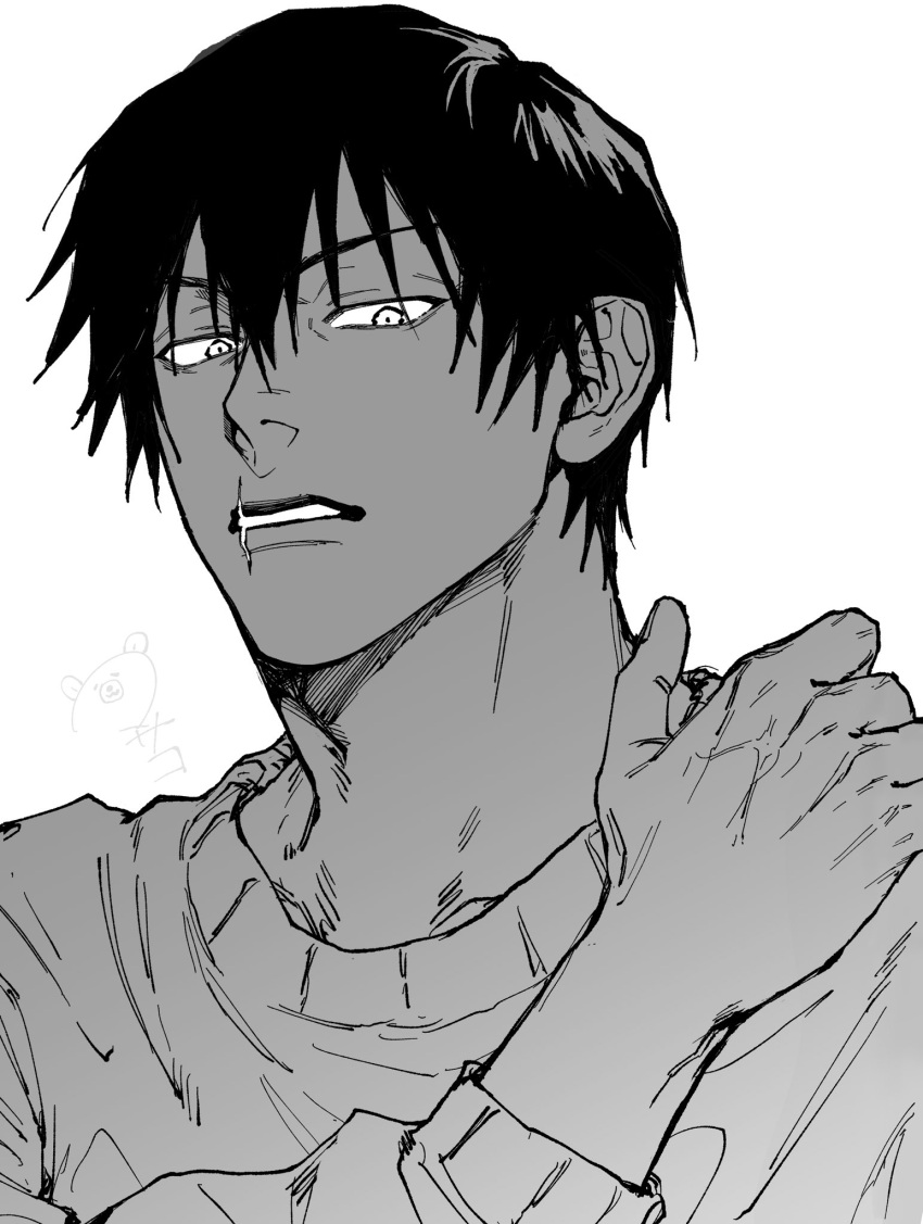 1boy bangs fushiguro_touji greyscale hair_between_eyes hand_on_own_shoulder hand_up highres jujutsu_kaisen kmskc_f long_sleeves looking_at_viewer male_focus monochrome parted_lips scar scar_on_face shirt short_hair simple_background sketch solo upper_body