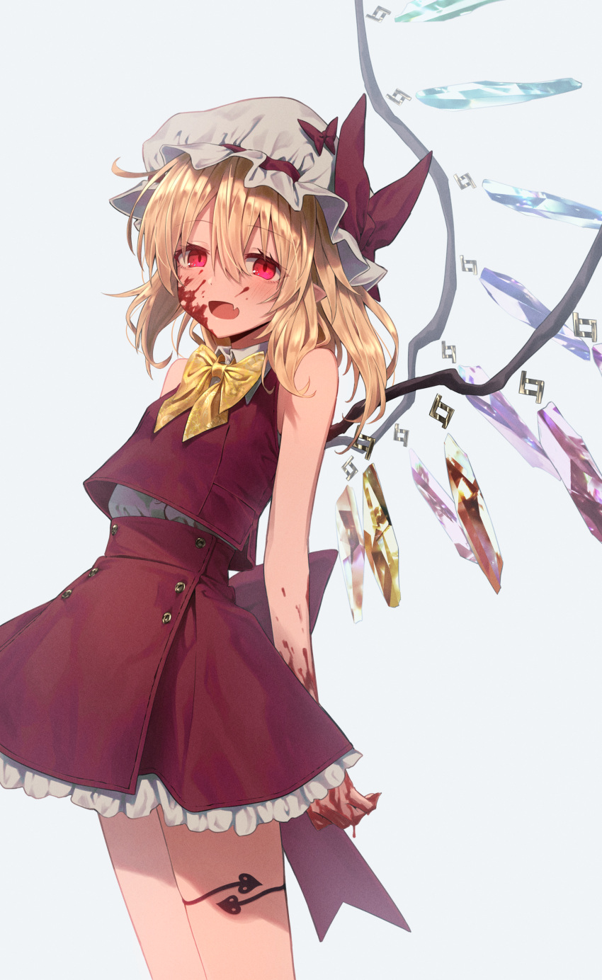 1girl :d absurdres adapted_costume arms_behind_back back_bow bangs bare_shoulders blonde_hair blood blood_on_face bow bowtie breasts commentary_request cowboy_shot crystal fang flandre_scarlet glowing glowing_eyes greenkohgen grey_background hair_between_eyes hat hat_bow highres laevatein leaning_back long_hair looking_at_viewer mob_cap one_side_up open_mouth petticoat pointy_ears red_bow red_eyes red_skirt red_vest simple_background skin_fang skirt sleeveless small_breasts smile solo standing tattoo touhou vest white_headwear wings yellow_bow yellow_neckwear