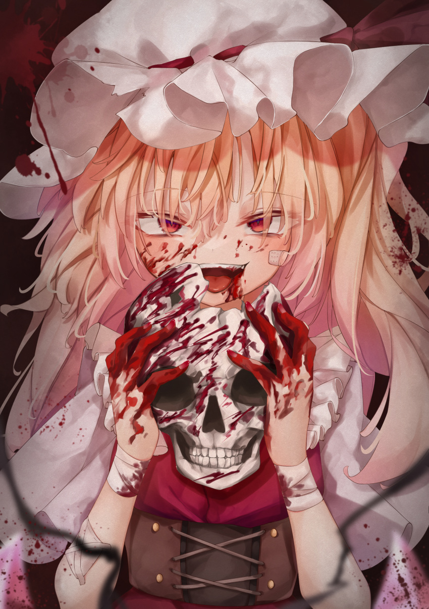 1girl :d absurdres bandaged_arm bandages bandaid bandaid_on_face bangs blonde_hair blood blood_from_mouth blood_on_face bloody_bandages bloody_clothes breasts broken_skull calpis118 commentary_request corset dark_background eyebrows_visible_through_hair flandre_scarlet hair_between_eyes hands_up hat highres holding holding_skull long_hair looking_at_viewer mob_cap nail_polish one_side_up open_mouth red_background red_eyes red_nails red_vest short_sleeves simple_background skull small_breasts smile solo tongue touhou upper_body vest white_headwear