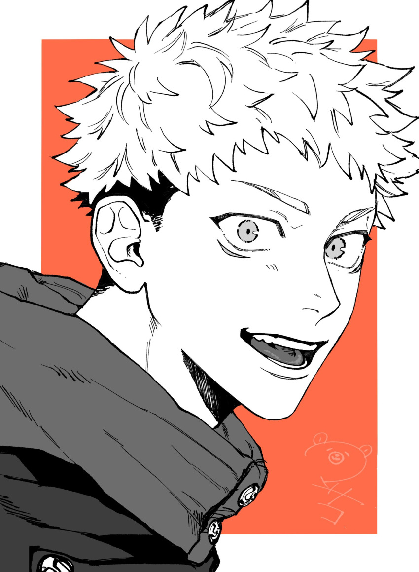 1boy facial_mark greyscale highres hood hood_down hoodie itadori_yuuji jacket jujutsu_kaisen kmskc_f looking_at_viewer male_focus monochrome open_mouth partially_colored portrait red_background short_hair smile solo spiky_hair undercut