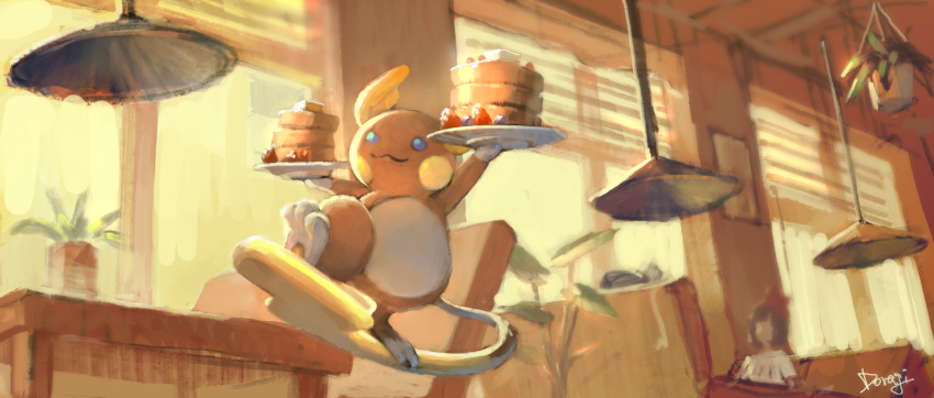 1girl :3 alolan_form alolan_raichu beanie blue_eyes blueberry blurry closed_mouth commentary_request food frogjem from_below fruit gen_7_pokemon hanging_plant hat highres holding holding_plate indoors pancake plate pokemon pokemon_(creature) pokemon_(game) pokemon_sm red_headwear selene_(pokemon) shirt short_sleeves signature smile standing strawberry table toes window