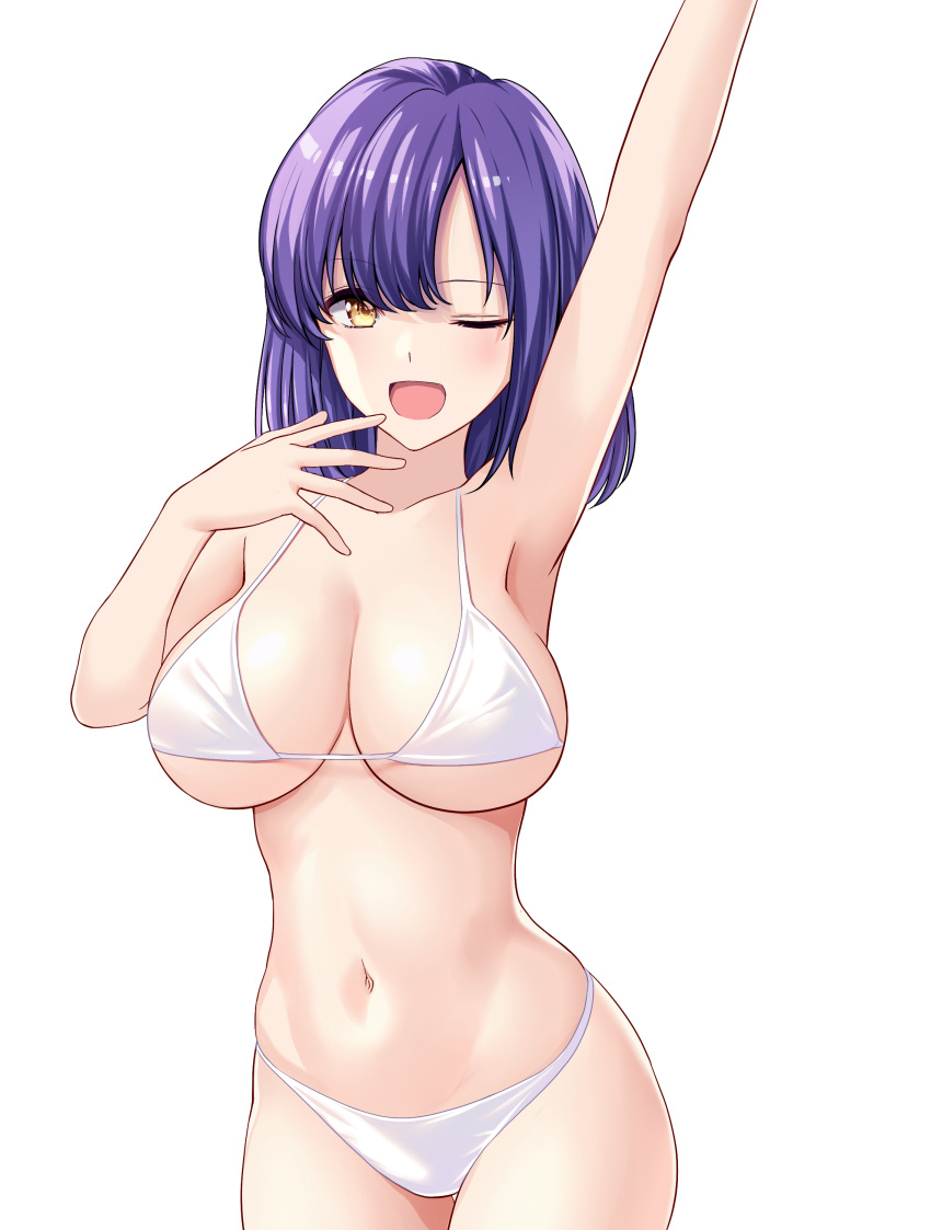 1girl ;d absurdres arm_up armpits bikini breasts highres large_breasts marui_koishi navel one_eye_closed open_mouth original purple_hair short_hair simple_background smile solo swimsuit white_background white_bikini yawning yellow_eyes