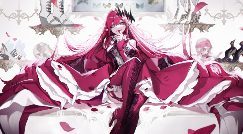1girl absurdres bangs blood blunt_bangs boots bug butterfly chyan detached_sleeves dress eyebrows_visible_through_hair fangs fate/grand_order fate_(series) grey_eyes high_heel_boots high_heels highres huge_filesize insect long_hair looking_at_viewer petals pointy_ears red_dress redhead sitting skull slit_pupils solo thigh-highs thigh_boots tongue tongue_out tristan_(fairy_knight)_(fate) very_long_hair