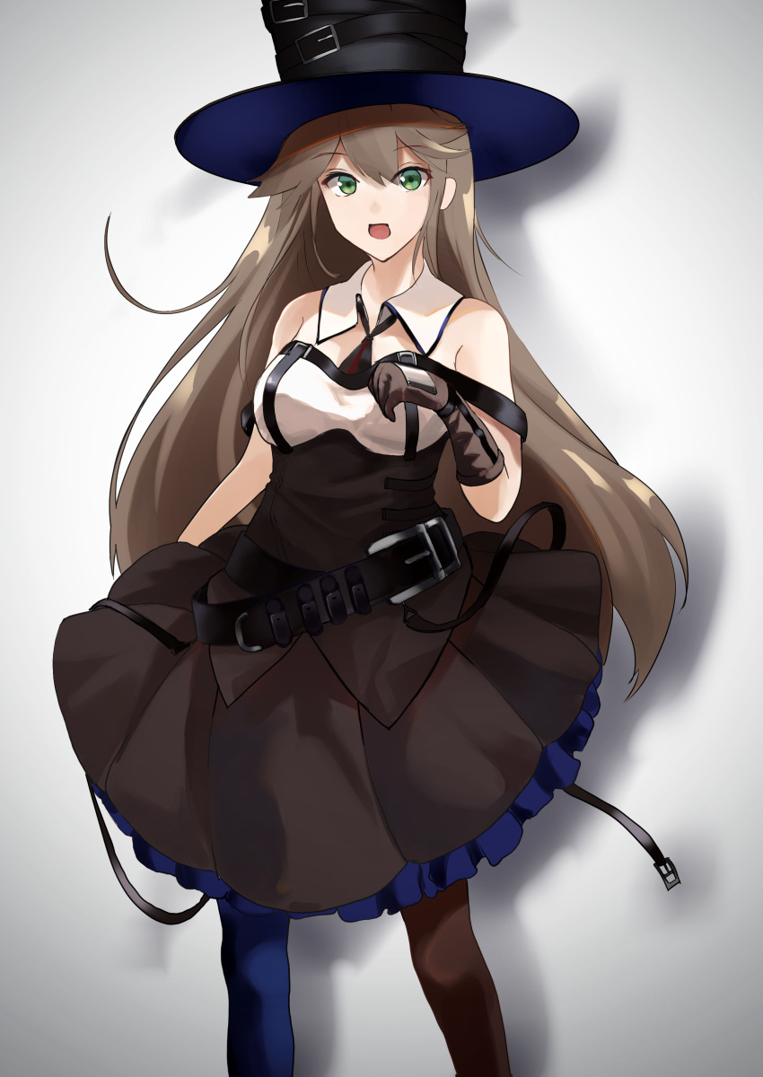 1girl absurdres belt black_headwear breasts brown_dress brown_gloves brown_hair dress eyebrows_visible_through_hair feet_out_of_frame girls_frontline gloves green_eyes highres long_hair looking_at_viewer medium_breasts multicolored multicolored_clothes multicolored_legwear necktie nighttsound open_mouth pantyhose solo spitfire_(girls_frontline) standing white_background