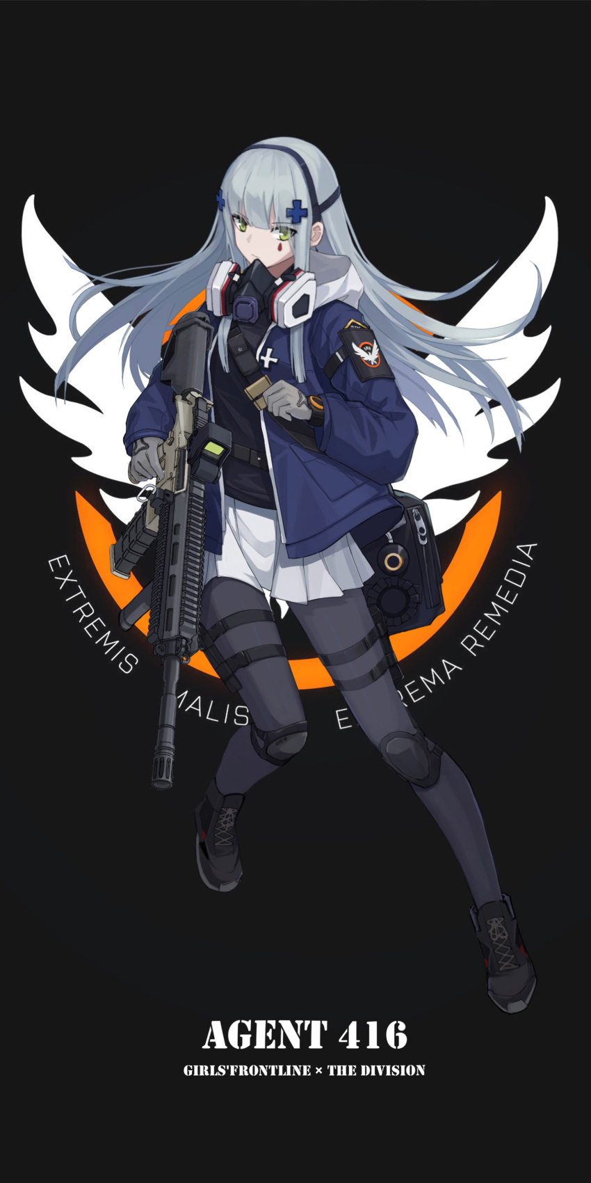1girl absurdres agent_416_(girls_frontline) assault_rifle bangs commentary_request eyebrows_visible_through_hair facial_mark full_body gas_mask girls_frontline gloves green_eyes gun h&amp;k_hk416 hair_ornament highres hk416_(girls_frontline) holding holding_gun holding_weapon jacket knee_pads latin_text long_hair long_sleeves mask mask_around_neck official_alternate_costume open_clothes open_jacket optical_sight p416 pantyhose pleated_skirt respirator revision rifle shoes silver_hair skirt solo tom_clancy's_the_division umi_okami_kun uniform vertical_foregrip weapon white_skirt