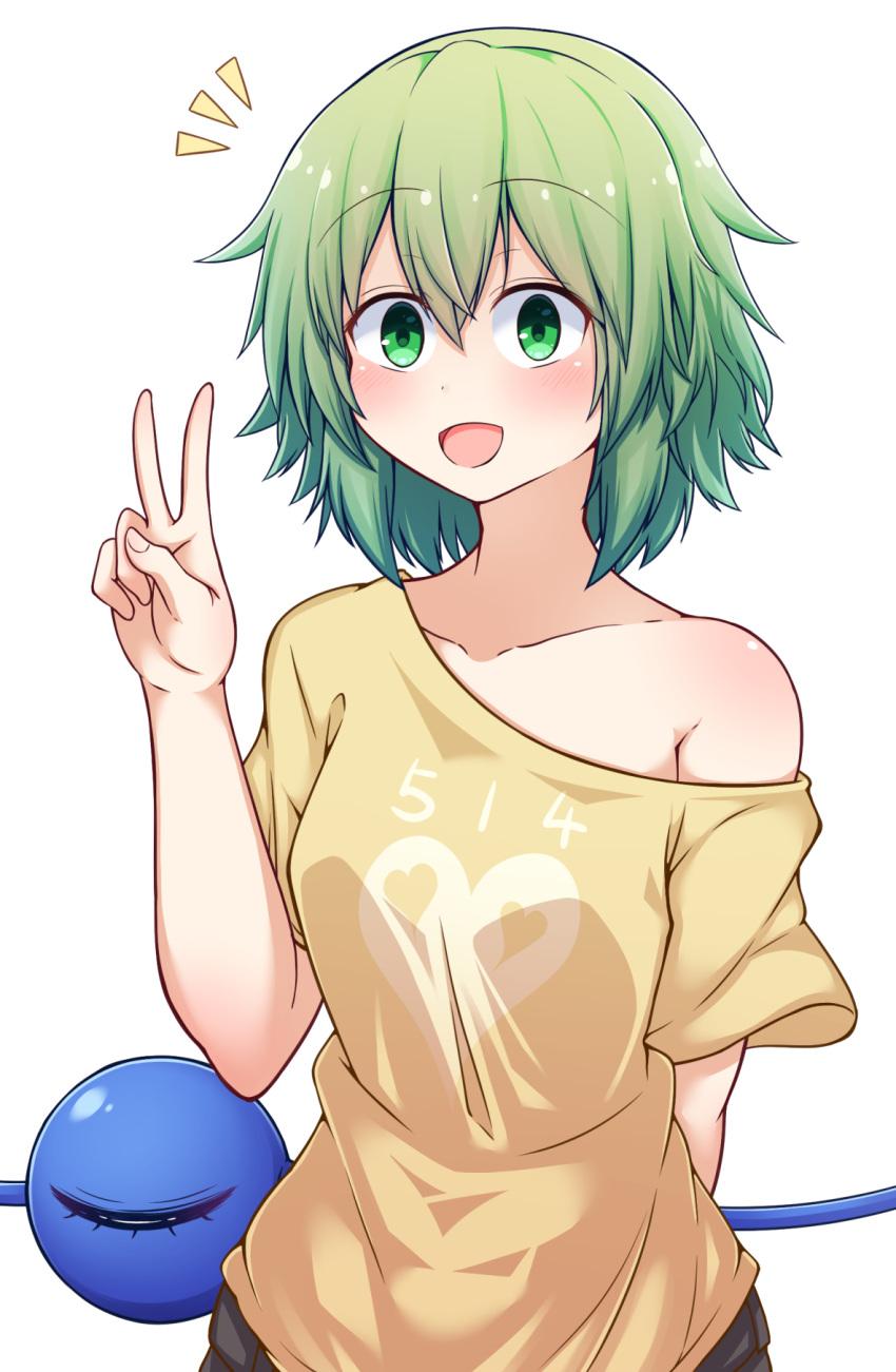 1girl adapted_costume arm_behind_back bare_shoulders blush casual closed_eyes contemporary green_eyes green_hair heart highres komeiji_koishi looking_at_viewer medium_hair off_shoulder open_mouth shirt siw0n smile solo t-shirt third_eye touhou upper_body v