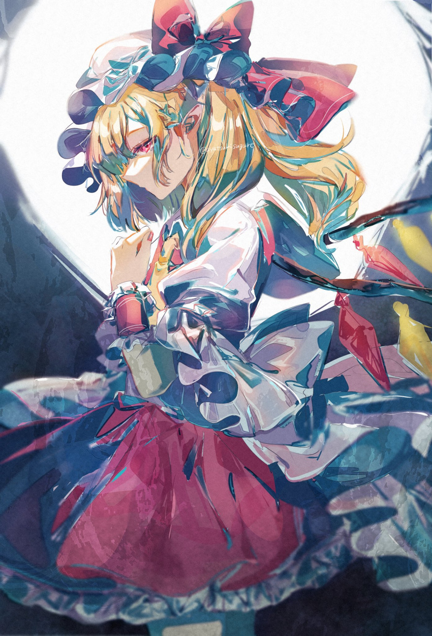 1girl artist_name ascot ayatsuki_sugure backlighting bangs blurry bow cowboy_shot crystal depth_of_field dress flandre_scarlet frills from_side hand_up hat hat_bow highres long_hair looking_at_viewer mob_cap nail_polish one_side_up pink_eyes pointy_ears profile puffy_short_sleeves puffy_sleeves red_bow red_dress red_nails short_sleeves sideways_glance solo touhou twitter_username white_headwear wings wrist_cuffs yellow_neckwear