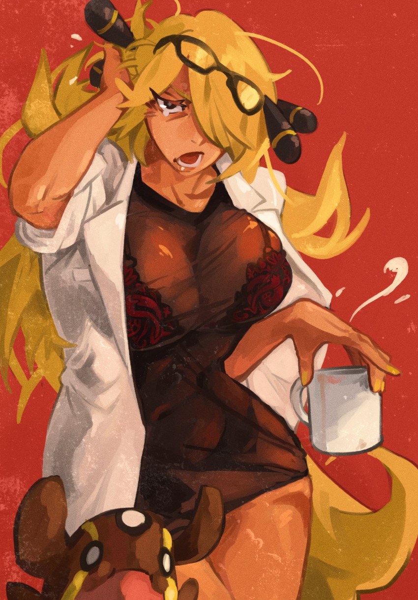 1girl adjusting_hair angry blonde_hair bra bra_through_clothes breasts coat coffee_mug cup cynthia_(pokemon) eyewear_on_head gen_4_pokemon gible glasses highres labcoat large_breasts messy_hair mug navel obi pokemon pokemon_(creature) pokemon_(game) pokemon_dppt red_background red_bra sash scrooge_mckhyle see-through see-through_dress thighs underwear white_coat yellow_nails