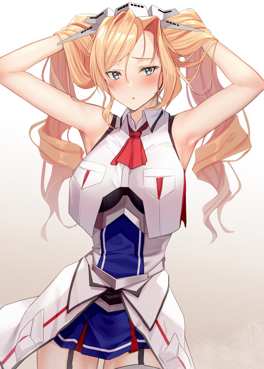 1girl absurdres armpits arms_up bangs blonde_hair blue_eyes blue_skirt blush breast_pocket breasts cowboy_shot drill_hair garter_straps gradient gradient_background hair_between_eyes hands_in_hair headgear highres honolulu_(kancolle) kantai_collection large_breasts long_hair looking_at_viewer necktie pallad pleated_skirt pocket red_neckwear shirt simple_background skirt sleeveless sleeveless_shirt solo twin_drills twintails