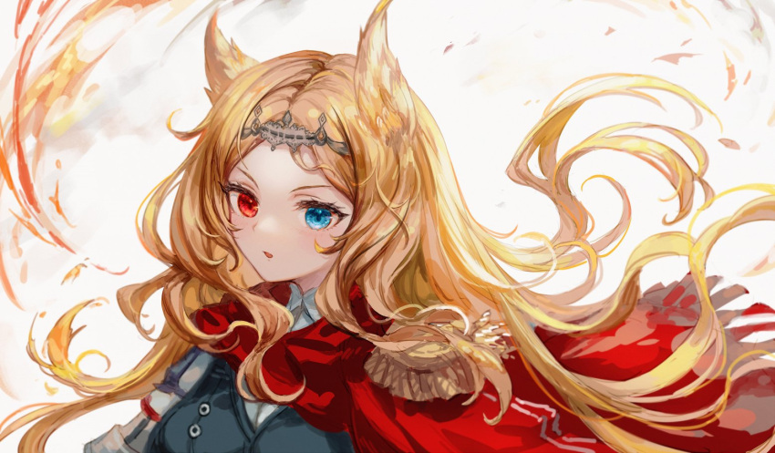 1girl archetto_(arknights) arknights blonde_hair blue_eyes breasts cape commentary forehead grey_background heterochromia looking_at_viewer medium_breasts parted_lips red_cape red_eyes solo spacelongcat tiara upper_body