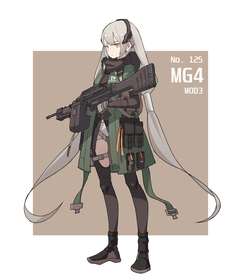 1girl absurdres black_legwear border brown_background character_name commentary einheadt english_commentary expressionless full_body girls_frontline gloves green_jacket grey_hair gun h&amp;k_mg4 headgear highres holding holding_gun holding_weapon jacket knee_pads long_hair looking_at_viewer machine_gun mg4_(girls_frontline) mod3_(girls_frontline) short_shorts shorts sidelocks simple_background solo thigh_strap trigger_discipline twintails very_long_hair weapon white_border white_shorts yellow_eyes