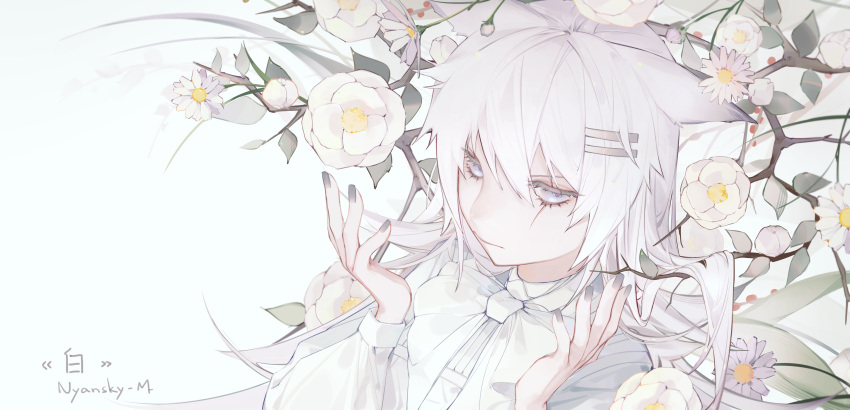 1girl absurdres animal_ears arknights artist_name black_nails bow bowtie branch dress flower grey_eyes hair_ornament hairclip hands_up highres lappland_(arknights) long_hair nyansky portrait scar scar_across_eye white_background white_bow white_dress white_flower white_hair wolf_ears