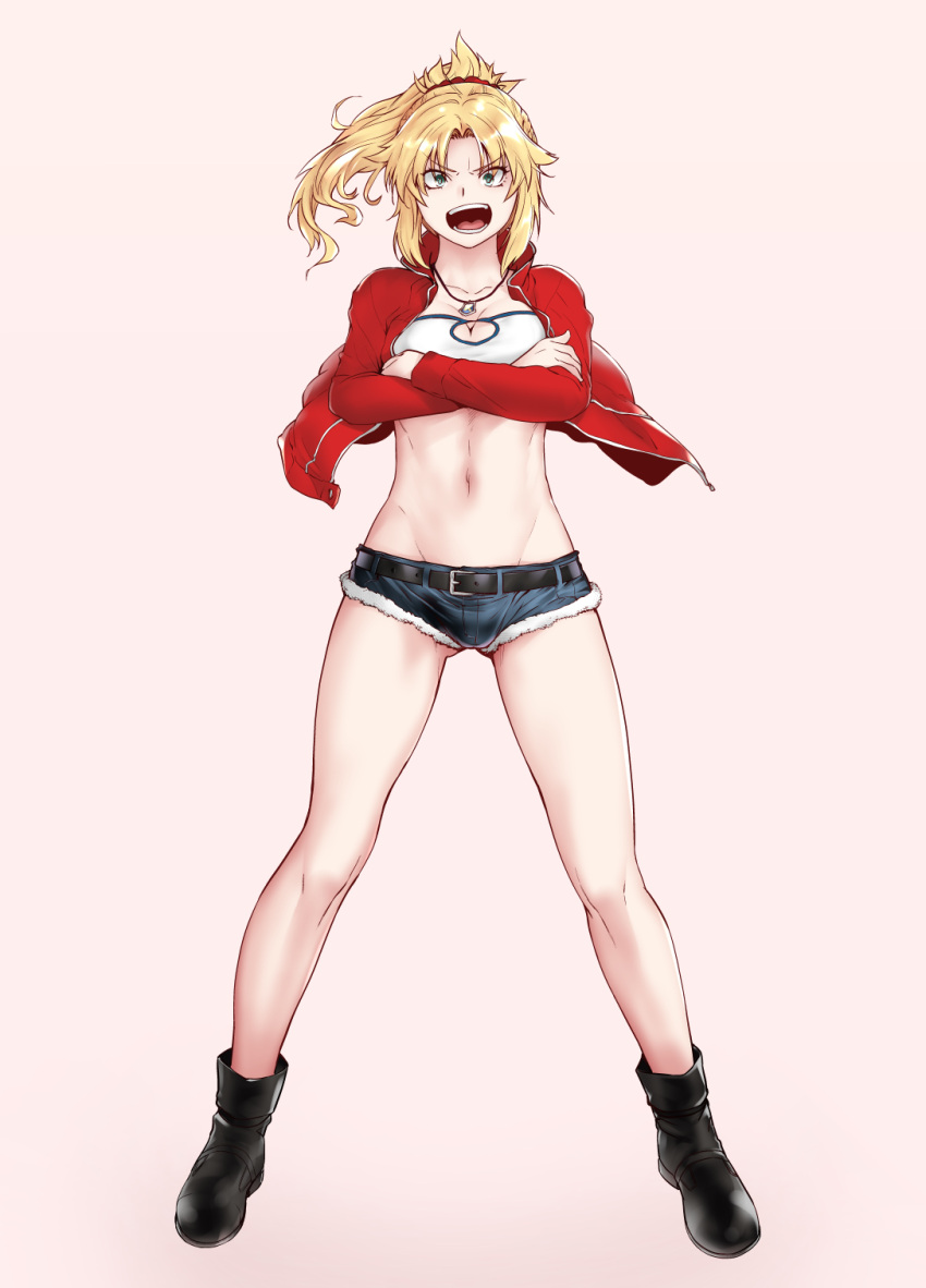 1girl bandeau bangs blonde_hair boots braid breasts crossed_arms denim denim_shorts fate/apocrypha fate_(series) french_braid full_body green_eyes gunbuster_pose hair_ornament hair_scrunchie highres jewelry kouchaya_kotora long_hair long_sleeves looking_at_viewer mordred_(fate) mordred_(fate)_(all) navel necklace open_mouth parted_bangs ponytail red_scrunchie scrunchie short_shorts shorts sidelocks small_breasts solo