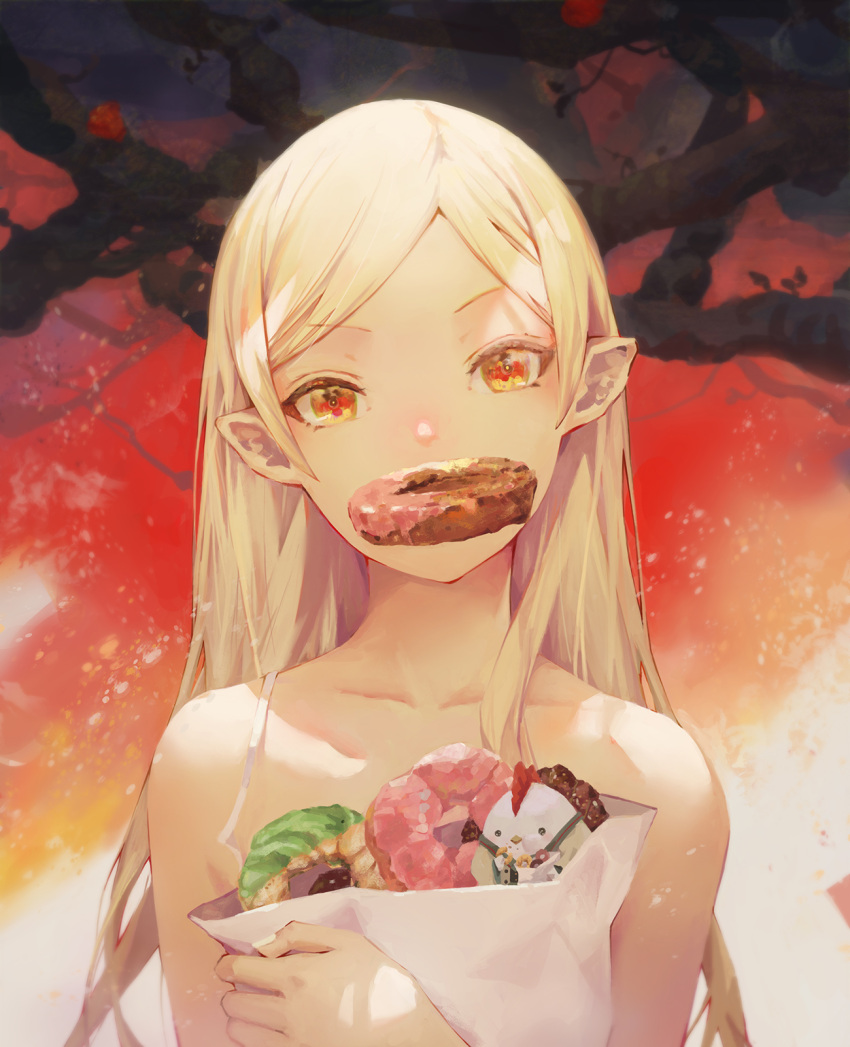 1girl bag bakemonogatari bangs bare_shoulders blonde_hair collarbone commentary_request doughnut dress eyebrows_visible_through_hair food food_in_mouth hakui_(b600723) highres holding holding_bag long_hair looking_at_viewer monogatari_(series) mouth_hold oshino_shinobu paper_bag parted_bangs pointy_ears red_eyes sleeveless sleeveless_dress solo upper_body v-shaped_eyebrows white_dress