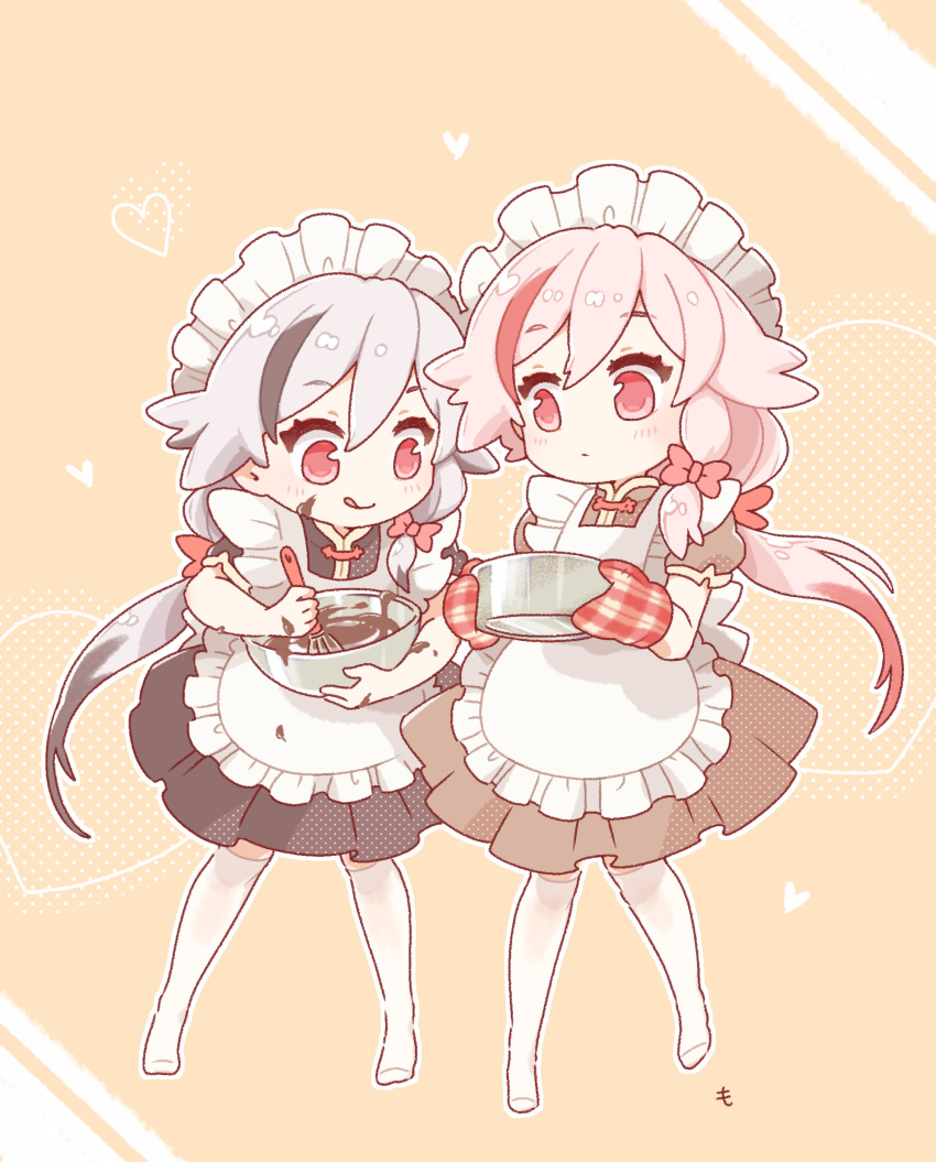 2girls absurdres apron bangs closed_mouth fu_hua fu_hua_(night_squire) fu_hua_(phoenix) full_body gloves hair_between_eyes highres holding honkai_(series) honkai_impact_3rd long_hair maid maid_apron maid_headdress messy mon_momu multicolored_hair multiple_girls ponytail red_eyes smile streaked_hair thigh-highs tongue tongue_out valentine whisk white_hair white_legwear