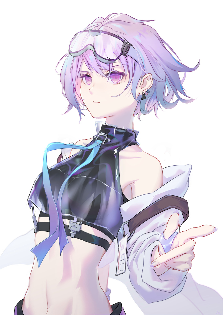 absurdres bare_shoulders commentary_request crop_top earrings expressionless fagun_yibei fresnel_(girls_frontline_nc) girls_frontline girls_frontline_neural_cloud goggles goggles_on_head gradient_neckwear highres id_card jacket jewelry looking_at_viewer midriff navel off_shoulder pointing pointing_at_viewer purple_hair short_hair upper_body violet_eyes white_background white_jacket