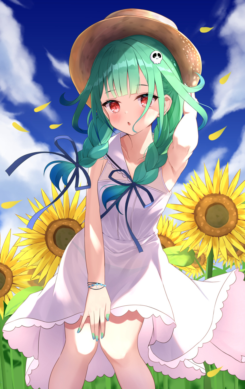 1girl :o absurdres adjusting_clothes alternate_costume alternate_hairstyle arm_up armpits bangs blue_ribbon blue_sky blush bracelet braid clothes_lift clouds commentary dress dress_lift flower frilled_dress frills green_hair green_nails hair_ornament hair_ribbon hand_on_headwear hat highres hololive jewelry leaning_forward medium_hair nail_polish open_mouth outdoors red_eyes ribbon saki_(saki_paint) skull_hair_ornament sky sleeveless sleeveless_dress solo straw_hat sunflower sunflower_petals twin_braids uruha_rushia virtual_youtuber white_dress wind wind_lift