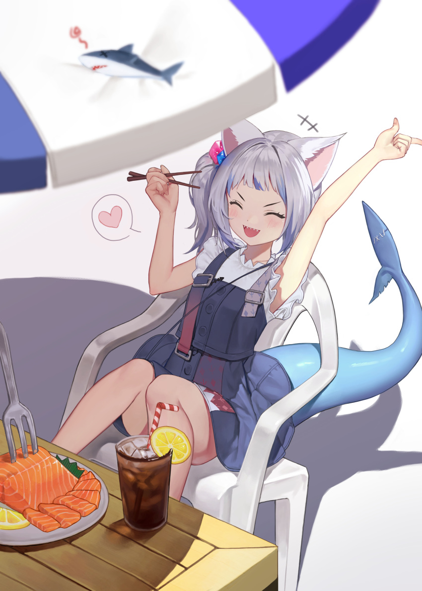 1girl absurdres animal_ears arm_up bangs bare_legs beach cat_ears cat_girl cat_shark chair chopsticks closed_eyes cola cup drinking_glass drinking_straw fish_tail food fork gawr_gura hairband highres holding holding_chopsticks hololive hololive_english open_mouth parasol plate sashimi shadow shark_tail shirt short_hair side_ponytail silver_hair sitting skirt sleeveless sleeveless_shirt smile solo sugarhigh table tail umbrella virtual_youtuber