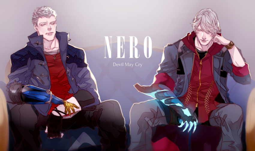 2boys absurdres artist_name black_gloves blue_eyes bracelet character_name coat collarbone copyright_name couch dated devil_breaker devil_bringer devil_may_cry_(series) devil_may_cry_4 devil_may_cry_5 dmc_pa dual_persona expressionless fingerless_gloves gloves glowing hair_between_eyes hair_over_one_eye highres hood hood_down hoodie jewelry looking_at_viewer male_focus multiple_boys necklace nero_(devil_may_cry) prosthesis prosthetic_arm red_shirt ring shirt short_hair sideways_glance signature simple_background single_glove sitting spiky_hair white_hair zipper_pull_tab