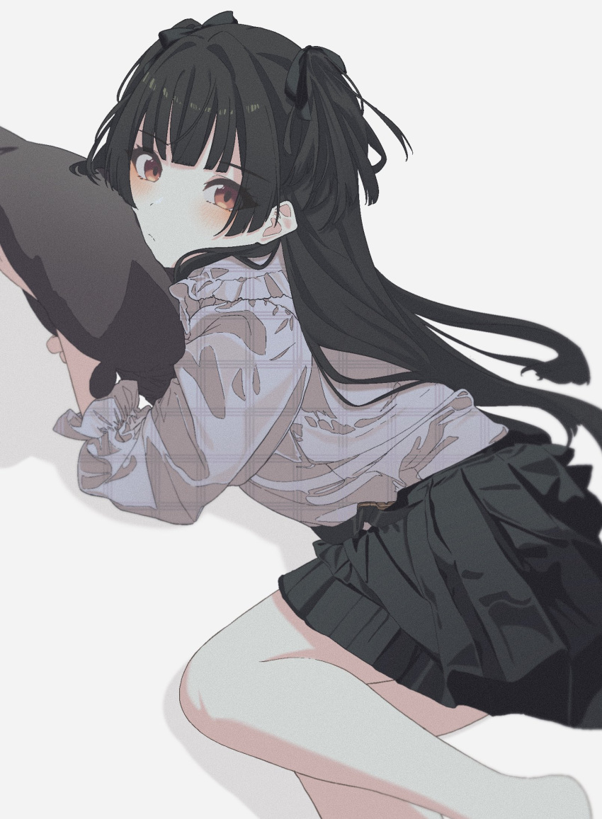 1girl bangs bare_legs black_hair black_ribbon black_skirt blunt_bangs blush closed_mouth feet_out_of_frame grey_background hair_ribbon head_on_pillow highres idolmaster idolmaster_shiny_colors long_hair looking_at_viewer luvluvvox lying mayuzumi_fuyuko orange_eyes pillow pillow_hug pleated_skirt ribbon shirt skirt snap-fit_buckle solo two_side_up unmoving_pattern
