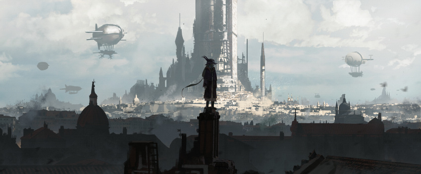1girl absurdres aircraft asteroid_ill bird blonde_hair blur building city cityscape clouds cloudy_sky dirigible fantasy flock full_body helmet highres horned_helmet huge_filesize iris_(asteroid_ill) looking_afar low_ponytail medieval original scenery sky standing standing_on_roof wide_shot