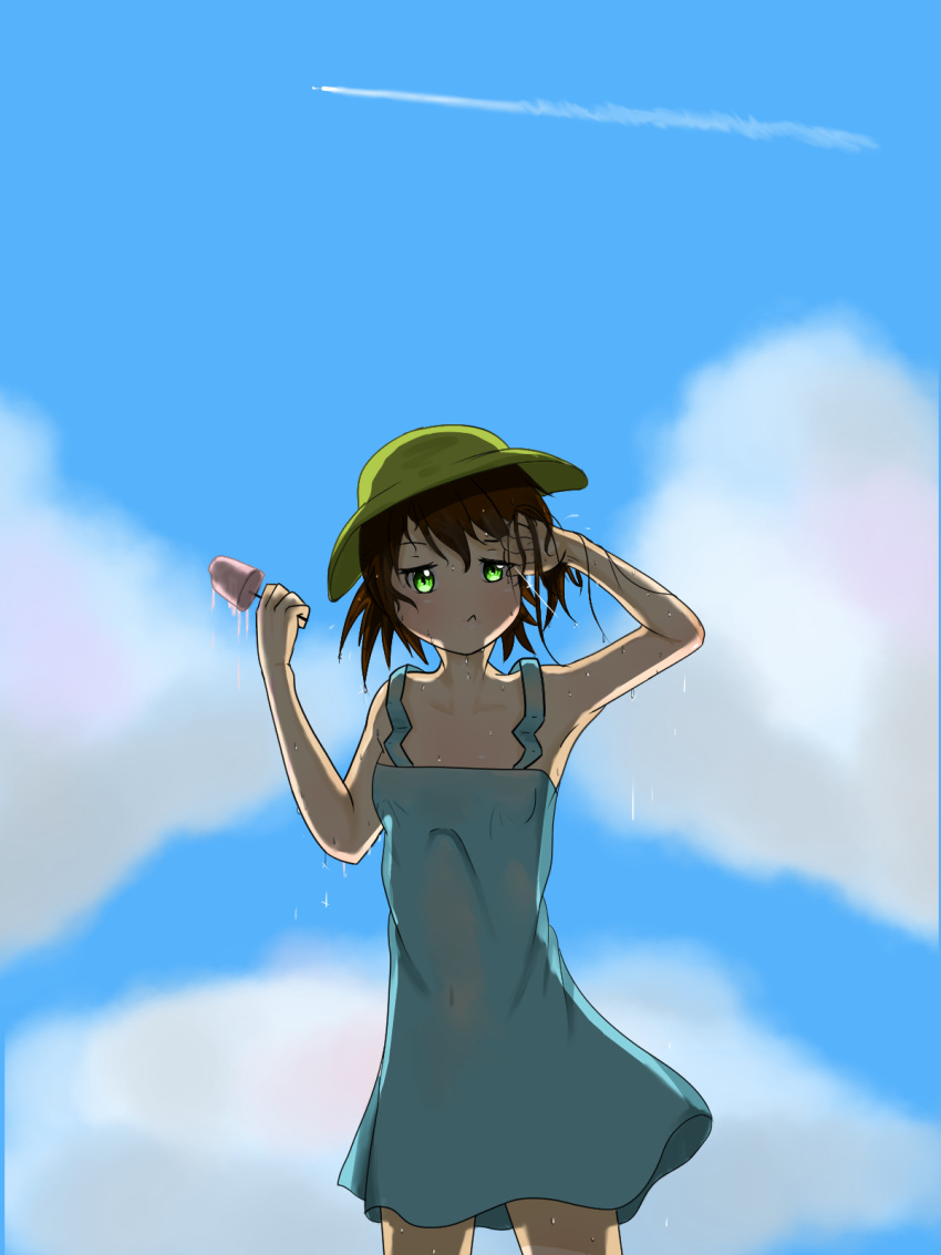 1girl aircraft airplane armpits arms_up blue_dress blue_sky brown_hair clouds cloudy_sky covered_navel dress dripping drongart food green_eyes hat highres hot messy_hair original popsicle sky summer sweat sweaty_clothes wet wet_hair wiping_face yellow_headwear