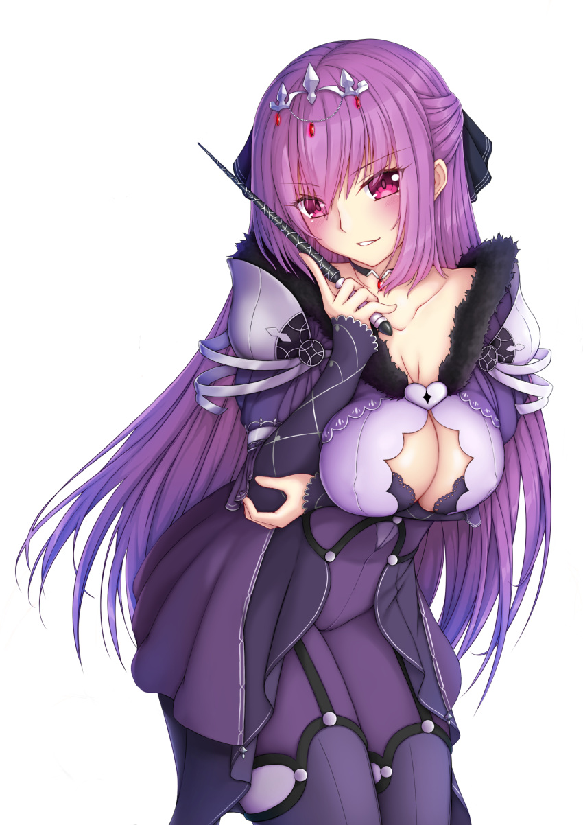 1girl breasts cleavage_cutout clothing_cutout collarbone dress fate/grand_order fate_(series) feather_trim hair_between_eyes highres holding holding_wand large_breasts long_hair long_sleeves purple_dress purple_hair red_eyes scathach_(fate)_(all) scathach_skadi_(fate) shinrou_tsukimi simple_background solo tiara wand white_background
