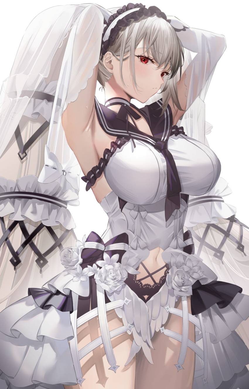 1girl armpits azur_lane bangs breasts closed_mouth clothing_cutout commentary_request dress evening_gown eyebrows_visible_through_hair formidable_(azur_lane) formidable_(timeless_classics)_(azur_lane) grey_hair highres large_breasts legs_together long_hair looking_at_viewer navel navel_cutout red_eyes sg_(satoumogumogu) sidelocks simple_background solo standing sweat twintails very_long_hair white_background white_dress