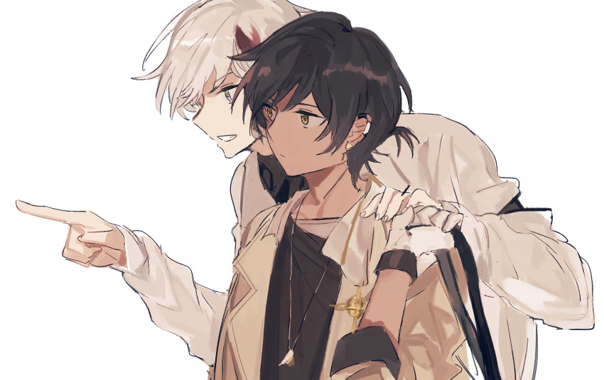 2boys arknights black_hair black_shirt brown_jacket closed_mouth coat commentary_request ear_piercing elysium_(arknights) expressionless eyebrows_visible_through_hair from_side gloves grey_hair grin hand_on_another's_shoulder hand_up jacket jewelry long_sleeves male_focus marumarukin multicolored_hair multiple_boys necklace open_mouth orange_eyes parted_lips piercing pointing redhead shirt short_hair simple_background smile streaked_hair thorns_(arknights) upper_body white_background white_coat white_gloves