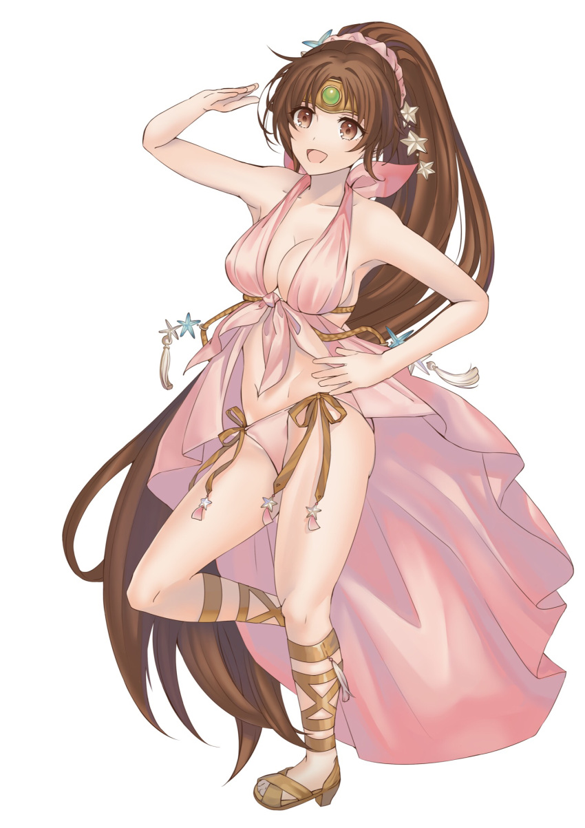 1girl brown_eyes brown_hair circlet collarbone fire_emblem fire_emblem:_mystery_of_the_emblem fire_emblem_heroes highres linde_(fire_emblem) long_hair ponytail sandals smile swimsuit very_long_hair
