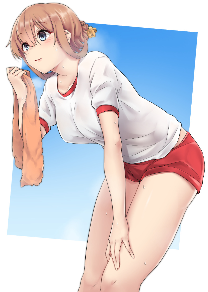 1girl absurdres alternate_costume bangs bent_over blue_eyes blush brown_hair commentary_request eyebrows_visible_through_hair gym_shirt gym_shorts gym_uniform hair_between_eyes hair_ornament hand_on_own_thigh highres kantai_collection kiritto leaning_forward light_brown_hair outside_border propeller_hair_ornament red_shorts shirt short_sleeves shorts solo steam steaming_body sweat teruzuki_(kancolle) tied_hair towel white_shirt