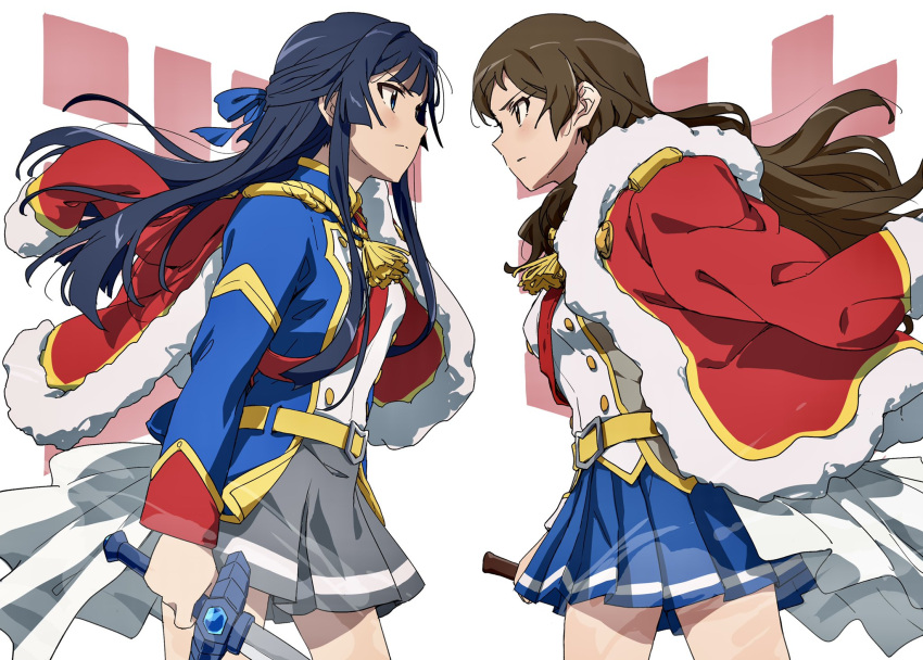 2girls aiguillette arm_at_side ayano_yuu_(sonma_1426) background_text bangs black_hair blue_bow blue_eyes blue_jacket blue_skirt blunt_bangs blush bow brown_eyes brown_hair buttons closed_mouth commentary_request cosplay cowboy_shot double-breasted epaulettes eye_contact eyebrows_visible_through_hair faceoff floating_hair from_side fur-trimmed_jacket fur_trim grey_jacket grey_skirt hair_bow half_updo highres holding holding_sword holding_weapon idolmaster idolmaster_million_live! jacket jacket_on_shoulders kitazawa_shiho long_hair long_sleeves looking_at_another miniskirt mogami_shizuka multiple_girls pleated_skirt profile red_jacket red_sash sash serious shoujo_kageki_revue_starlight sidelocks single_stripe skirt standing striped striped_skirt sword tassel v-shaped_eyebrows waist_cape wavy_hair weapon white_background yellow_belt