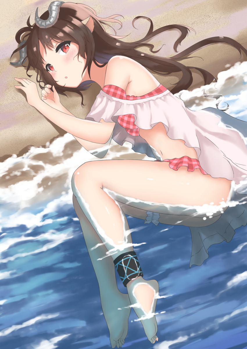 1girl :o animal_ears arknights bangs bare_legs bare_shoulders barefoot bikini brown_hair commentary eyjafjalla_(arknights) eyjafjalla_(summer_flowers)_(arknights) highres horns infection_monitor_(arknights) long_hair looking_at_viewer navel off-shoulder_bikini off_shoulder parted_lips red_eyes sheep_ears sheep_horns short_sleeves solo stomach swimsuit thighs water yuetsu