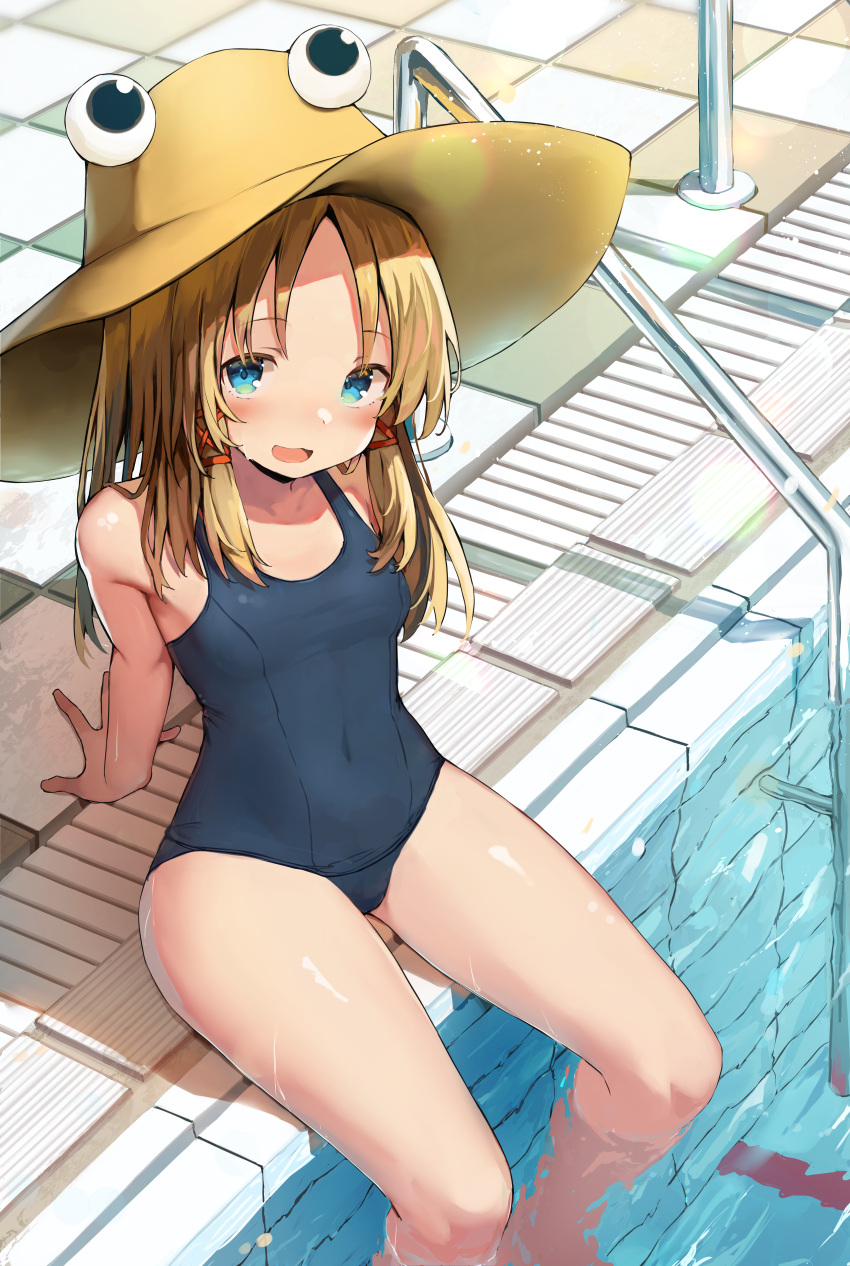 1girl absurdres arm_support bare_arms bare_legs bare_shoulders blue_eyes blue_swimsuit breasts brown_headwear commentary_request covered_navel eyebrows_visible_through_hair eyes from_above hat highres huge_filesize long_hair looking_at_viewer mamemochi moriya_suwako old_school_swimsuit one-piece_swimsuit open_mouth pool poolside school_swimsuit sidelocks sitting small_breasts smile soaking_feet solo swimsuit touhou water